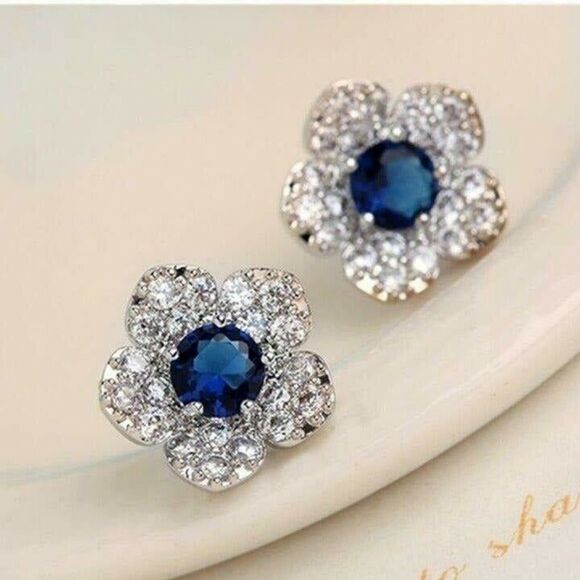 Elegant Sapphire Blue and Clear Pave Crystal Stud Earrings - Picture 2 of 5